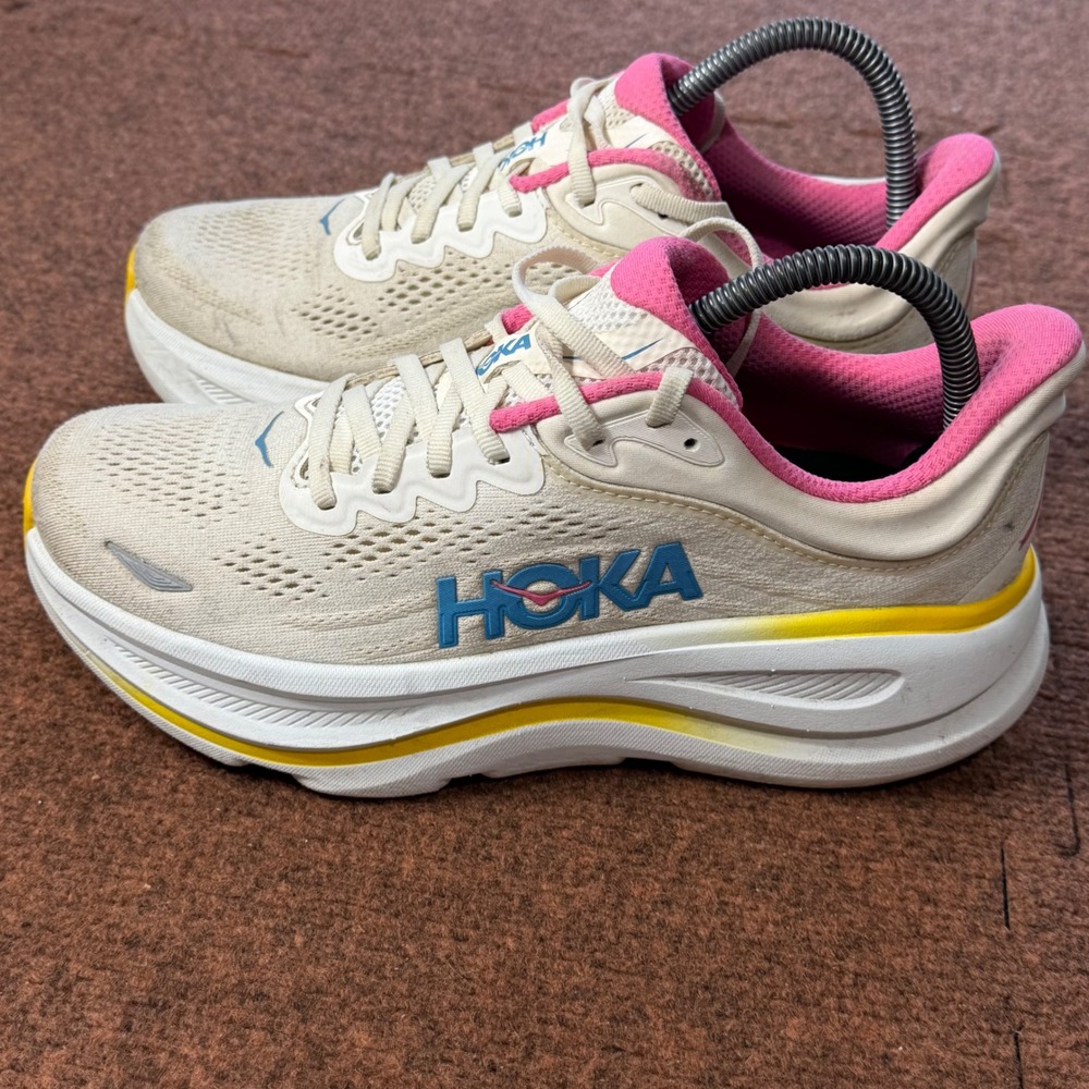 Hoka Bondi 9 Womens Running Shoes 8.5 Alabaster Sea Glass Pink Yellow 1162012 A- - Picture 3 of 11
